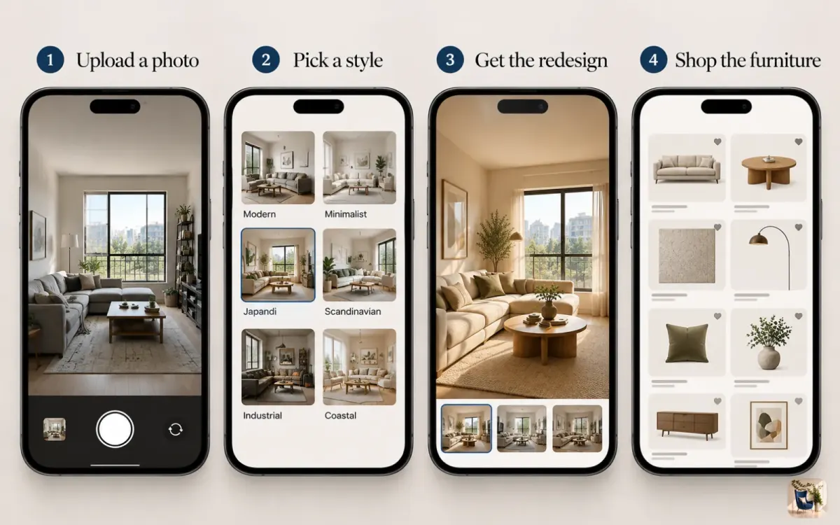 Four app screens showing a photo upload, a style picker, the redesigned room, and a matching furniture list