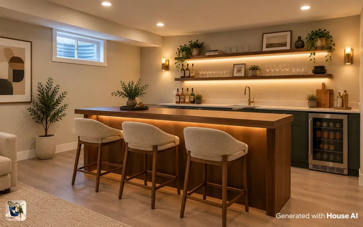 A basement wet bar with flush recessed lights, under-cabinet strip lights, and wall sconces under a low ceiling