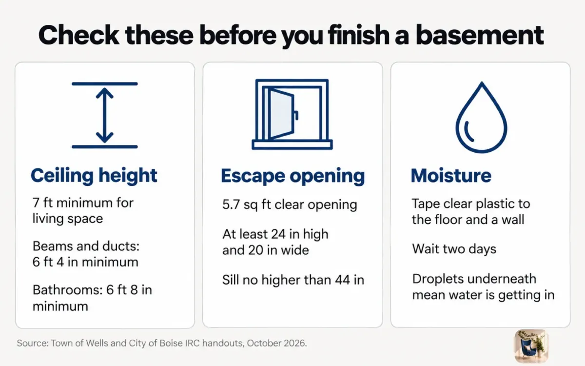 Chart of basement code basics: a 7-foot ceiling and a 5.7 square foot escape opening with a sill no higher than 44 inches