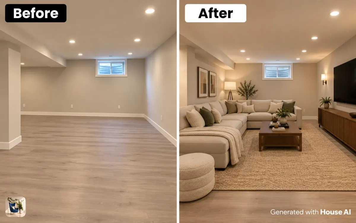 A plain basement before and after it becomes a family room with a sofa, rug, and slim recessed lights