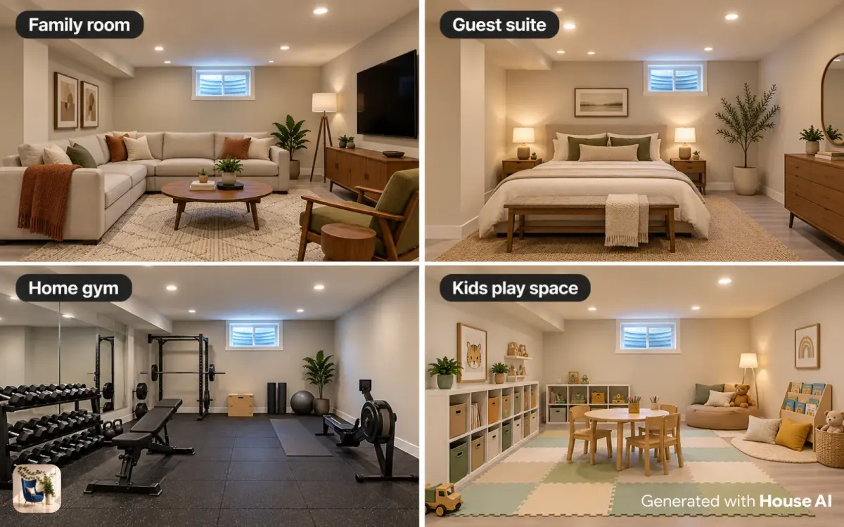 The same basement as a family room, guest suite, home gym, and kids play space, shown in a two by two grid