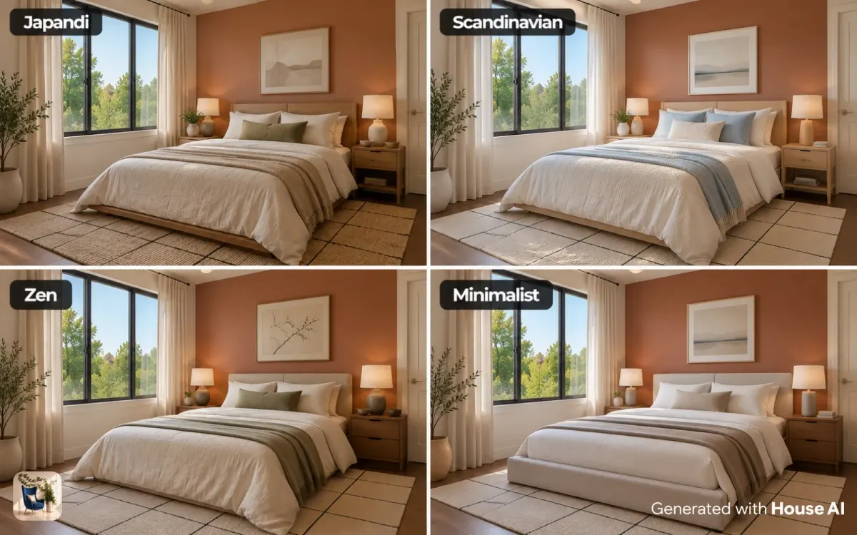 The same bedroom in Japandi, Scandinavian, Zen, and minimalist styles, each with a soft palette and clear surfaces