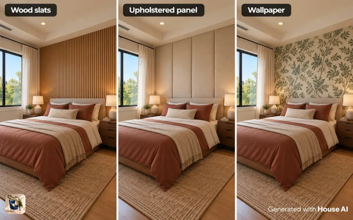 The same bed wall with wood slats, an upholstered panel, and botanical wallpaper, side by side