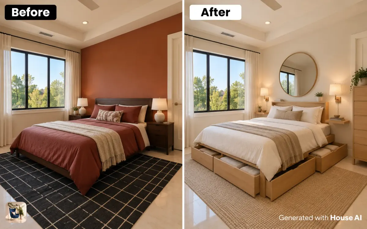 A small bedroom before and after a storage redesign, with drawers under the bed, wall shelves, and wall sconces
