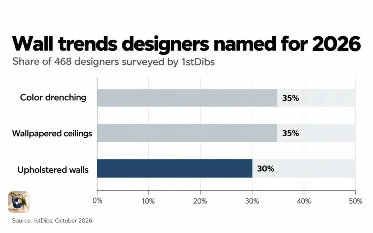 Bar chart of 2026 wall trends named by designers: color drenching 35%, wallpapered ceilings 35%, upholstered walls 30%