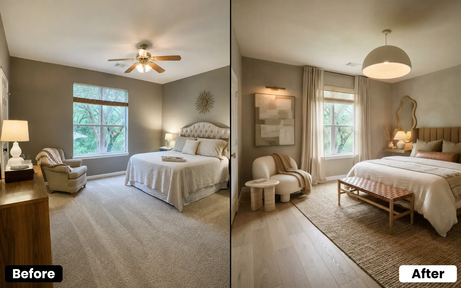 House AI bedroom redesign showing preserved windows and doors