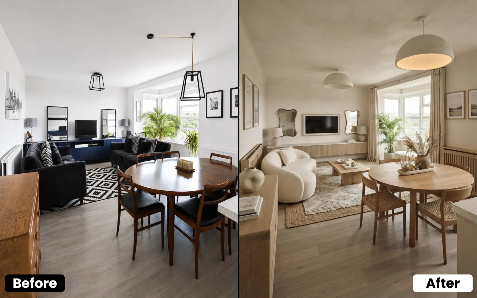 House AI before and after living room redesign in 2K HD