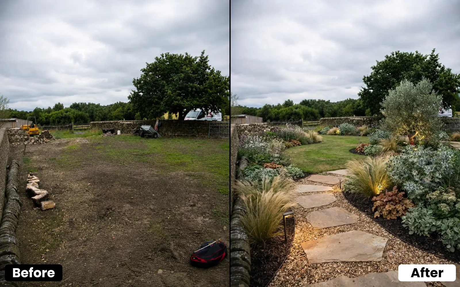 House AI exterior and garden design before and after