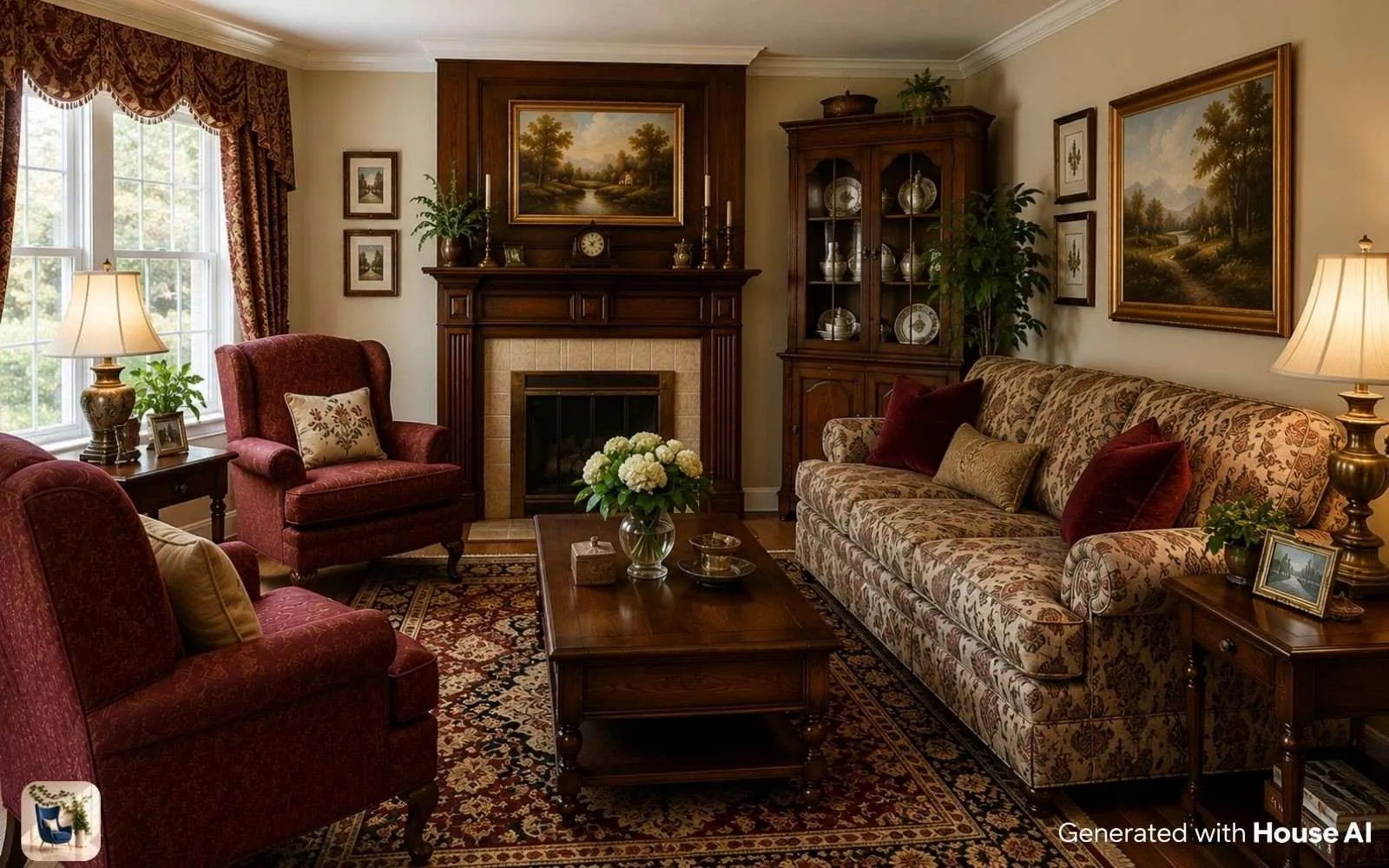 Traditional living room with wood furniture, warm neutral walls, and framed art in a boomer home