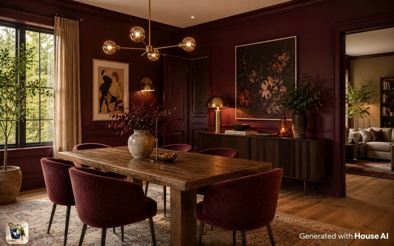 Dining room painted burgundy with warm brass lighting and a wooden dining table