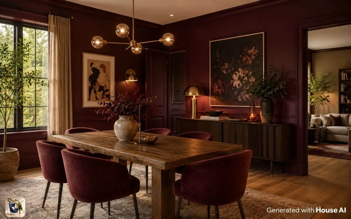 Dining room painted burgundy with warm brass lighting and a wooden dining table