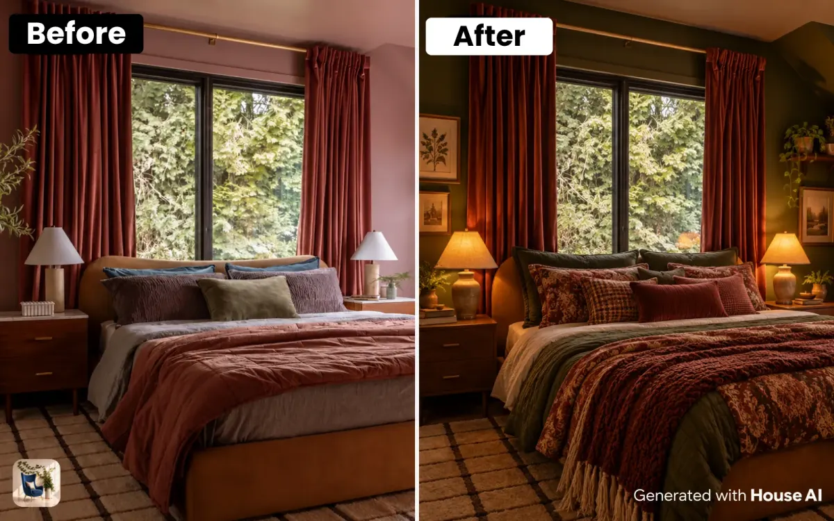 A bedroom before and after a burrowcore restyle, with a dark olive wall, heavy wool blankets, and two bedside lamps