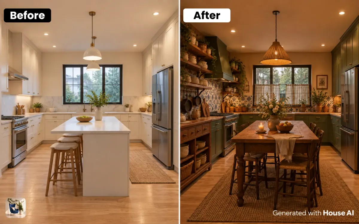 A kitchen before and after a burrowcore restyle, with open shelves of crockery, cafe curtains, and warm pendant light