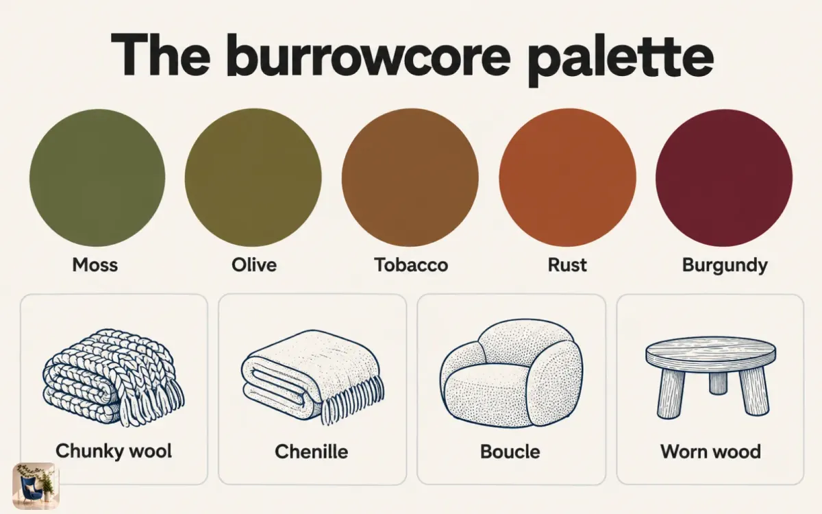 Diagram of the burrowcore palette with moss, olive, tobacco, rust, and burgundy swatches beside wool, chenille, and wood