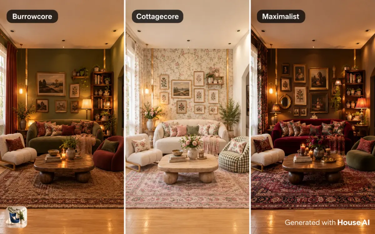 The same living room in burrowcore, cottagecore, and maximalist styles, side by side, each with its own light and palette