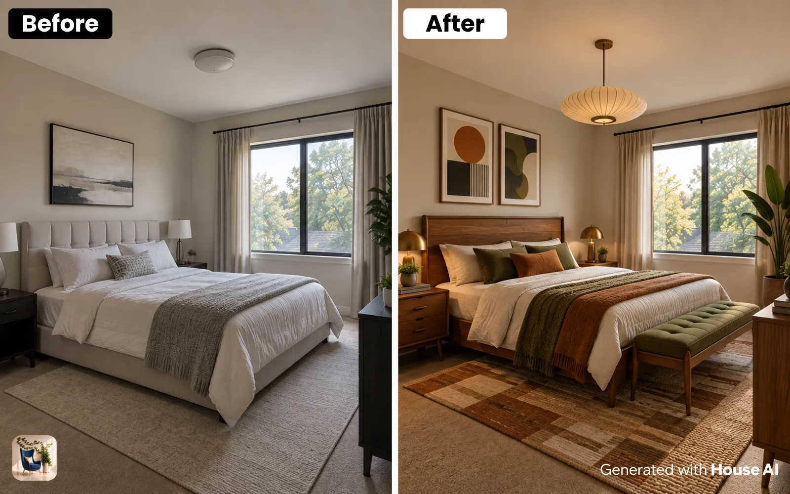 A bedroom before and after a mid-century modern restyle, with the same window and bed wall