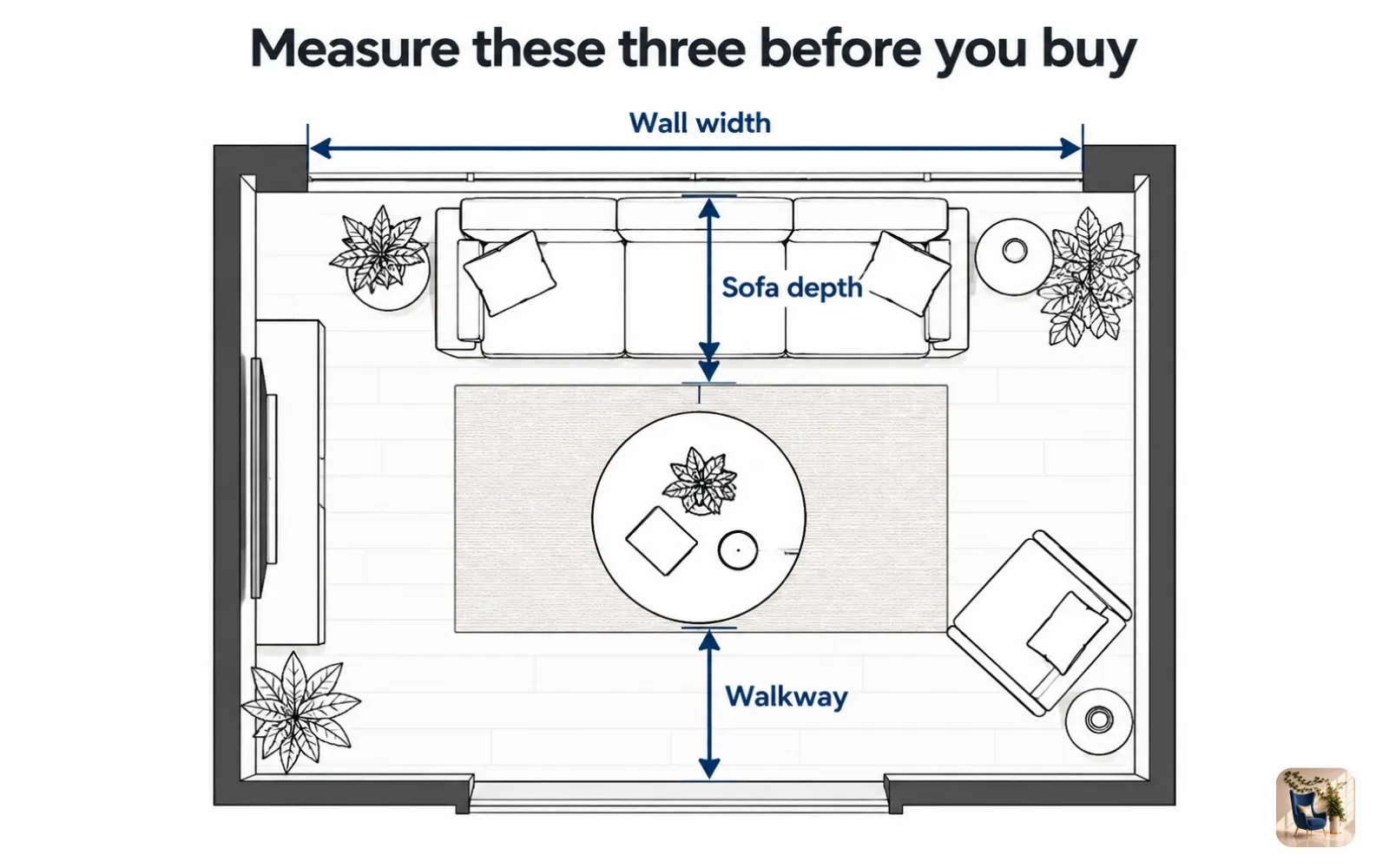 Diagram of a sofa wall with three measurements marked: wall width, sofa depth, and walkway clearance