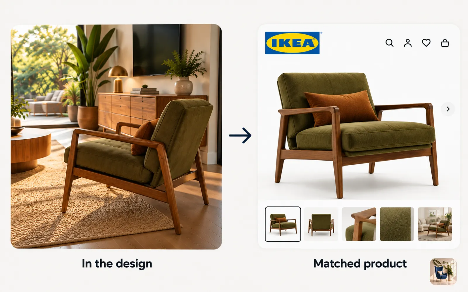 Diagram of a generated armchair in a room design matched to a similar real armchair sold by a retailer