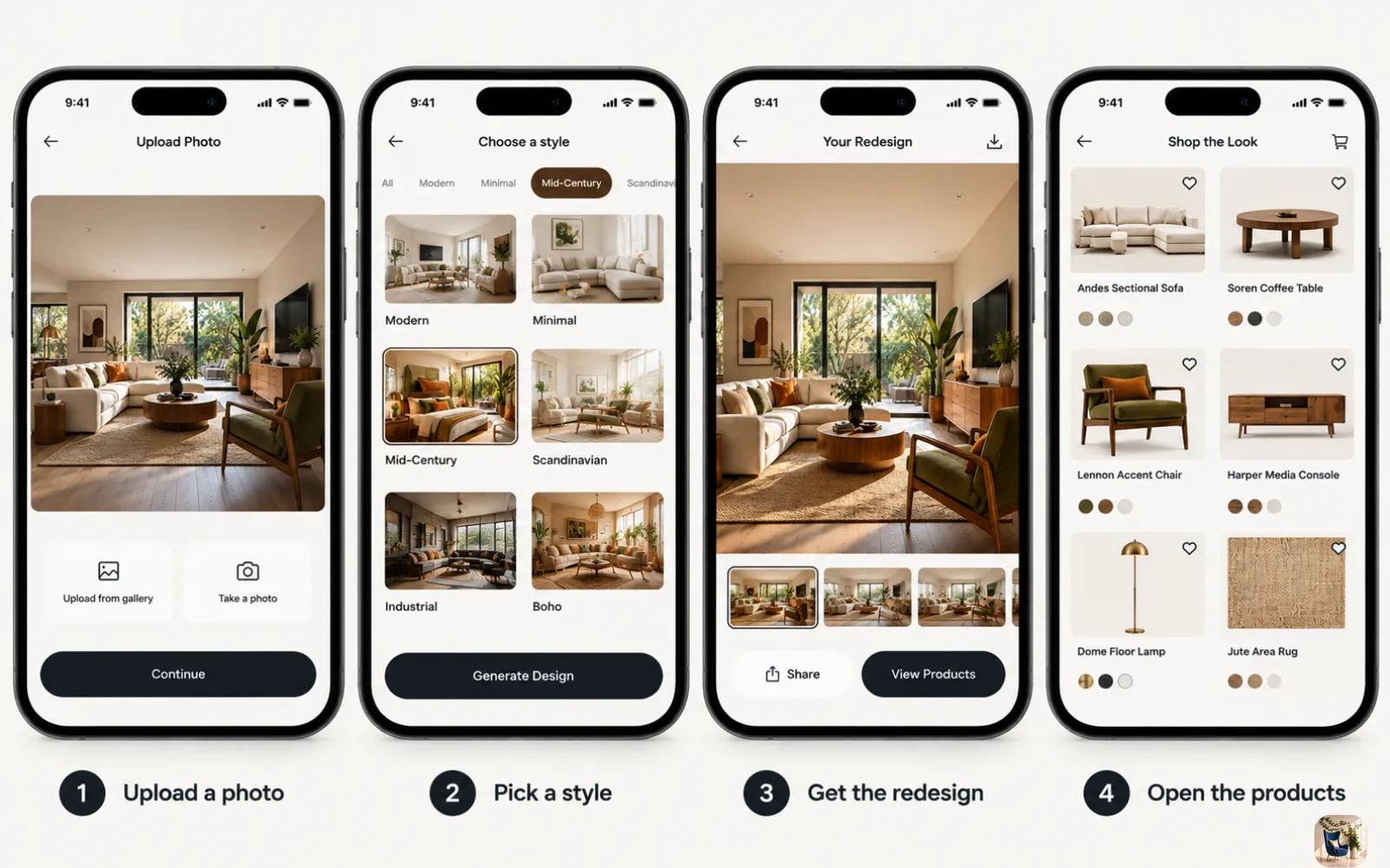 Four phone screens showing a room photo upload, a style grid, the redesigned room, and a product list