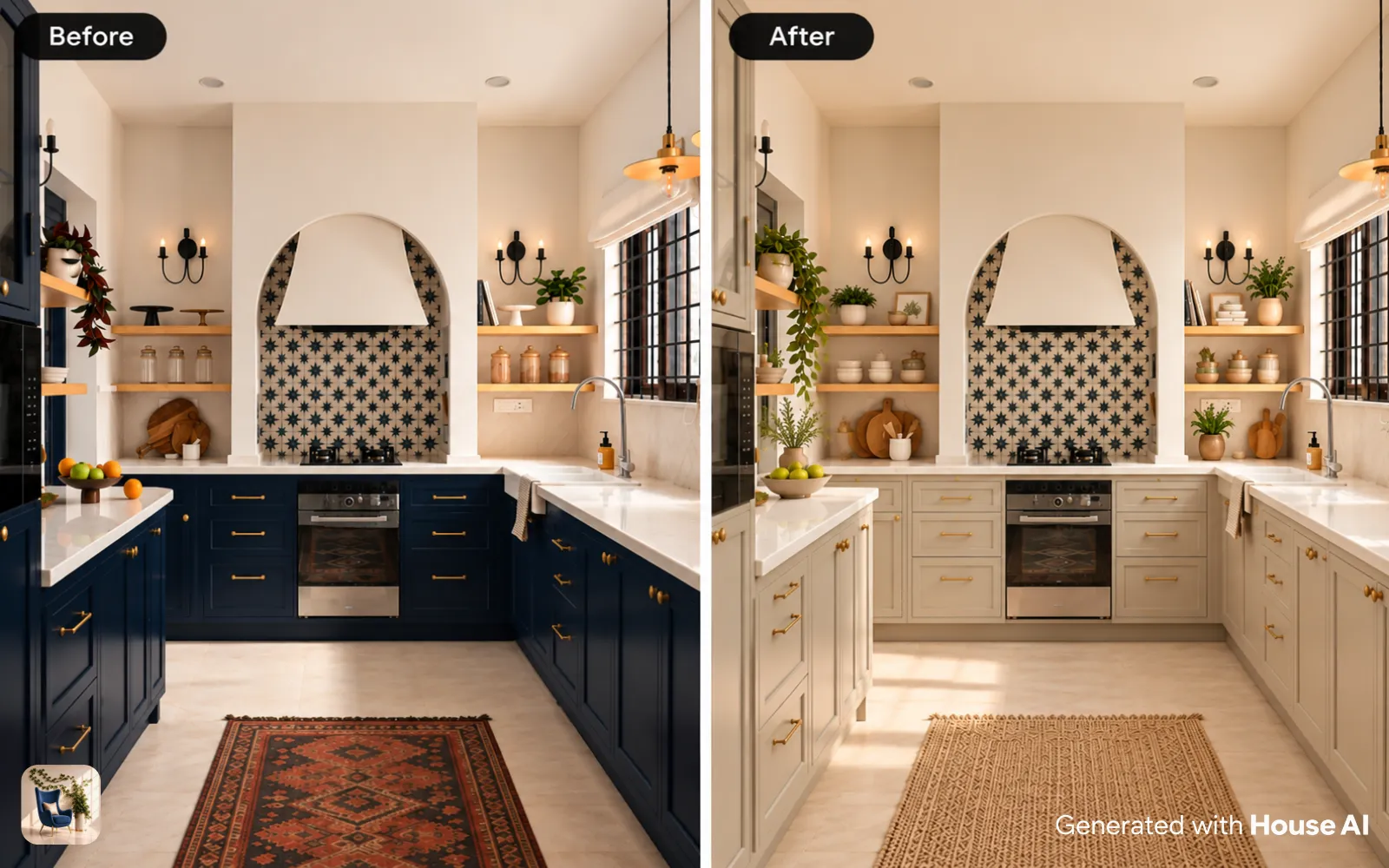 A kitchen before and after a Scandinavian redesign, with the same window and cabinet layout in both