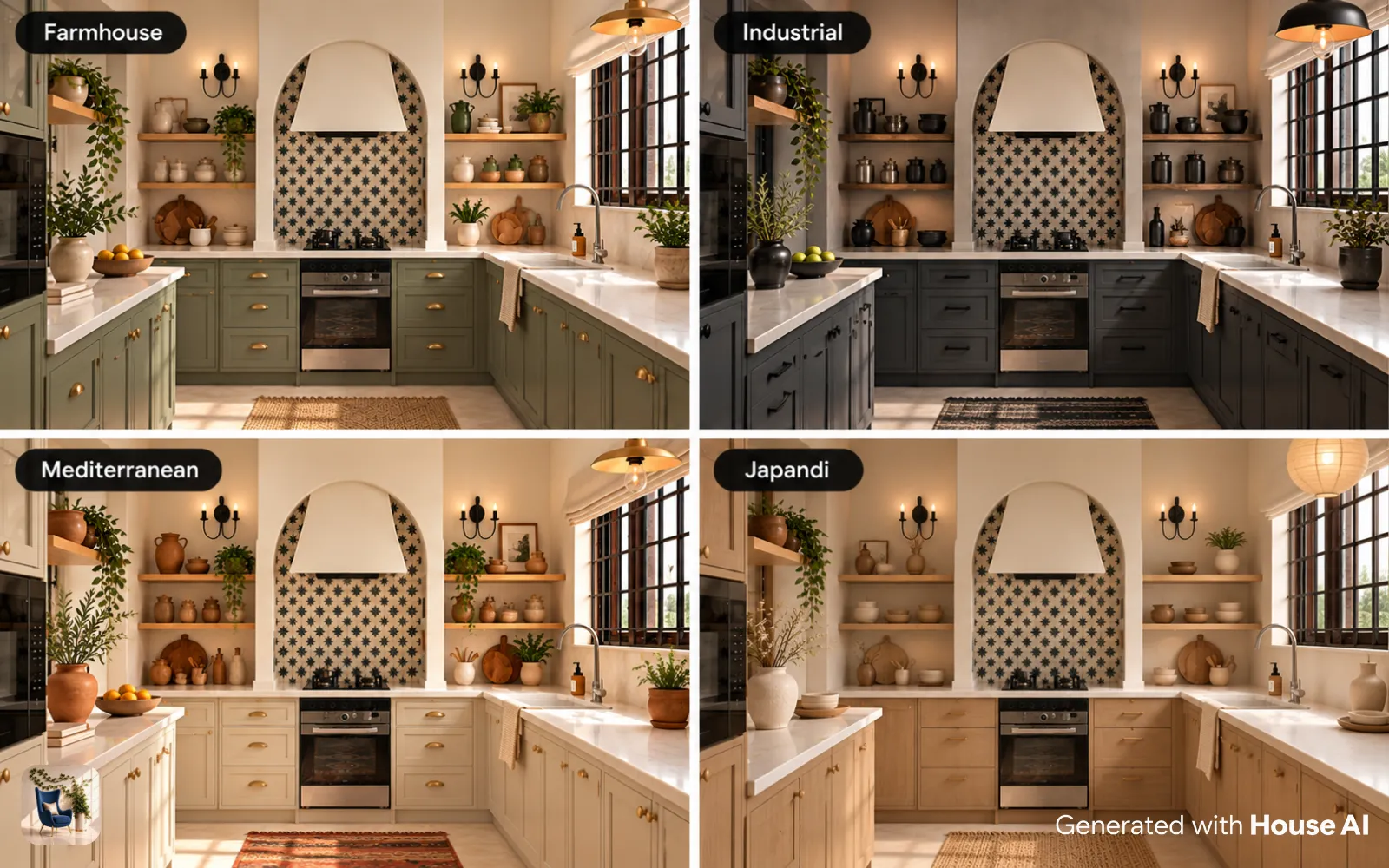 The same kitchen in farmhouse, industrial, Mediterranean, and Japandi styles, shown in a two by two grid