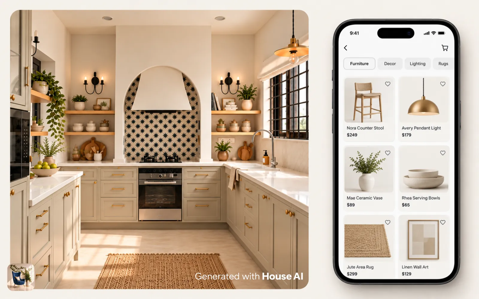 A phone screen listing real products matched to the furniture in a redesigned kitchen