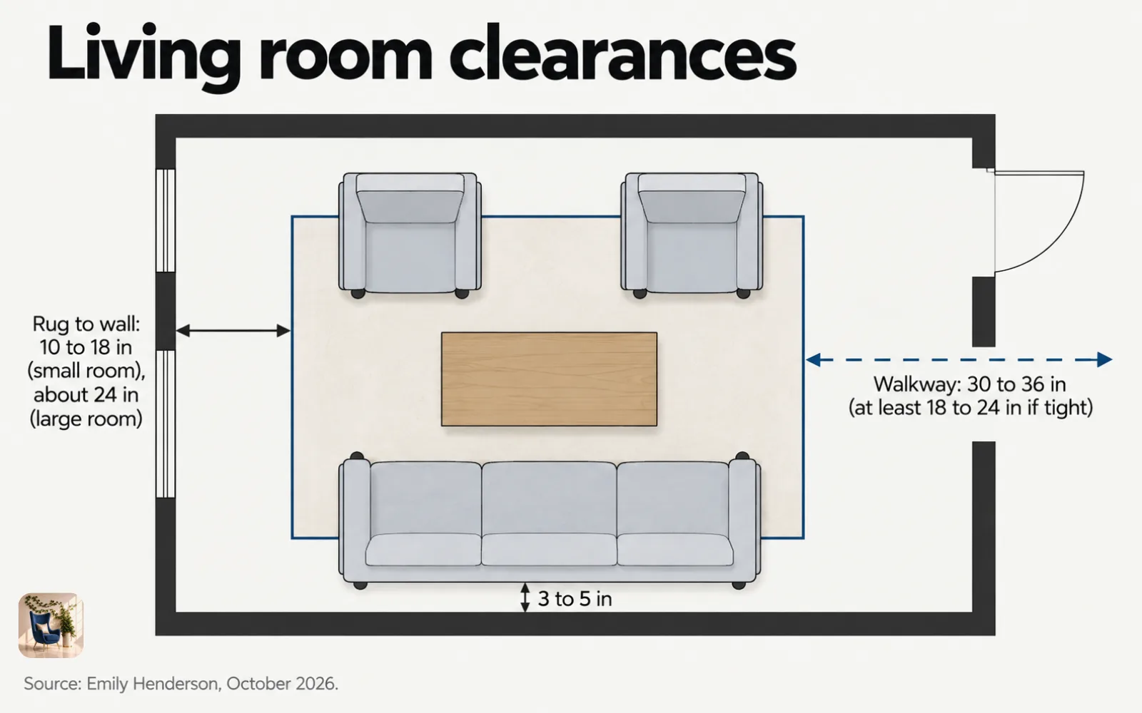 Floor plan diagram of living room clearances, with a 30 to 36 inch walkway and a rug 10 to 18 inches from the walls