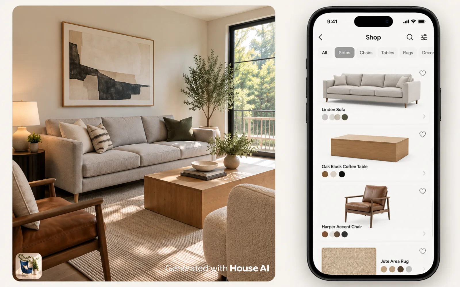 A phone screen listing sofas matched to a redesigned living room, shown next to the design