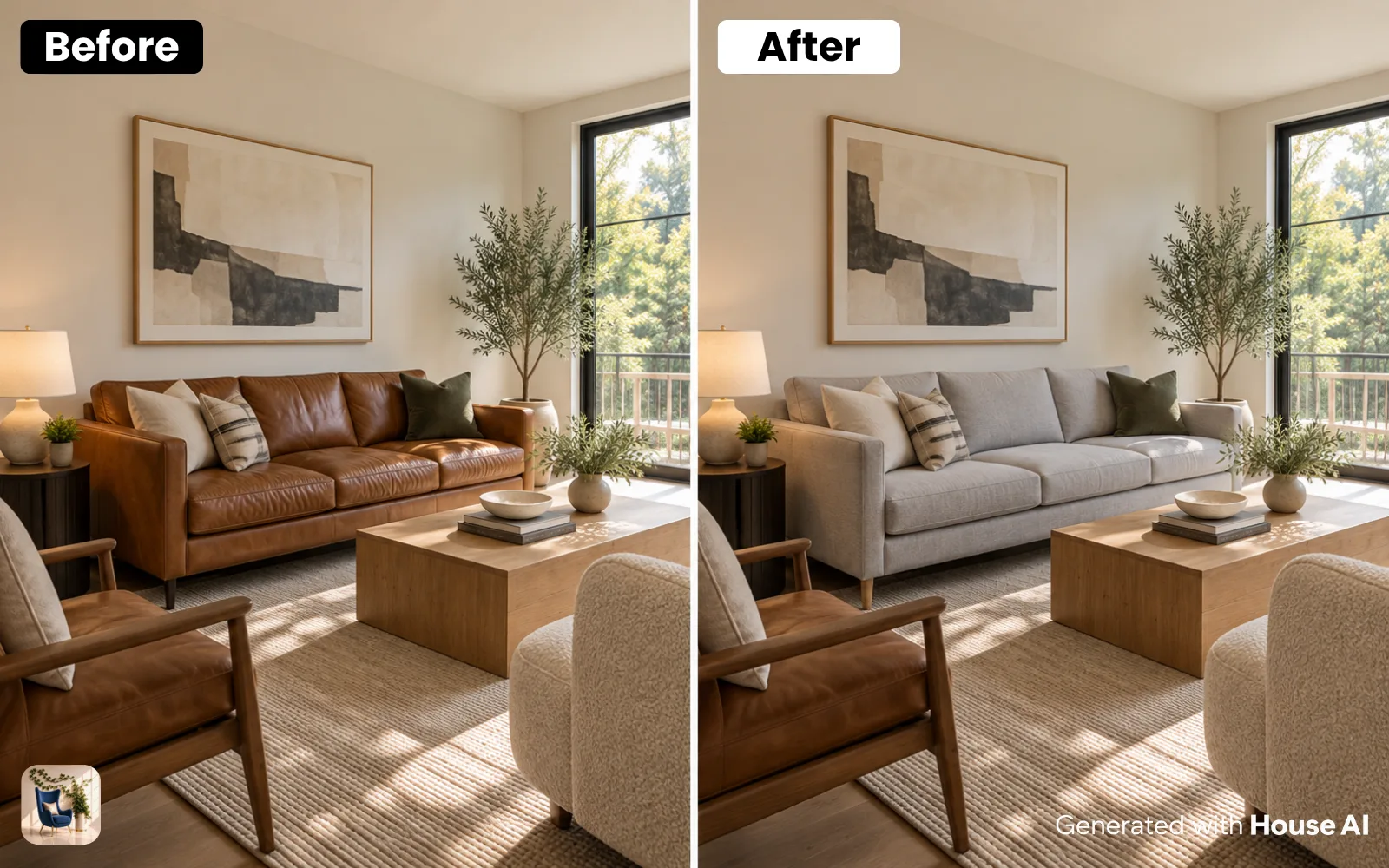 A living room before and after its sofa is swapped for a light gray three-seat sofa in the same spot