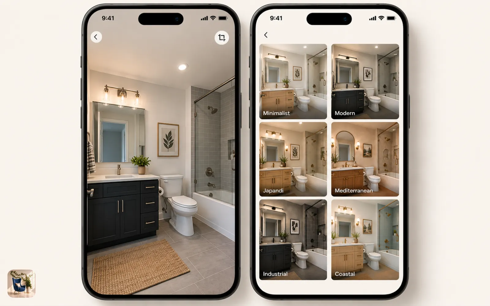 Two phone screens, one with a bathroom photo uploaded and one with a grid of design styles to pick from