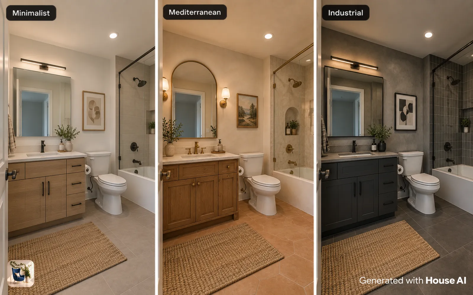 The same bathroom in minimalist, Mediterranean, and industrial styles, side by side with the fixtures in place