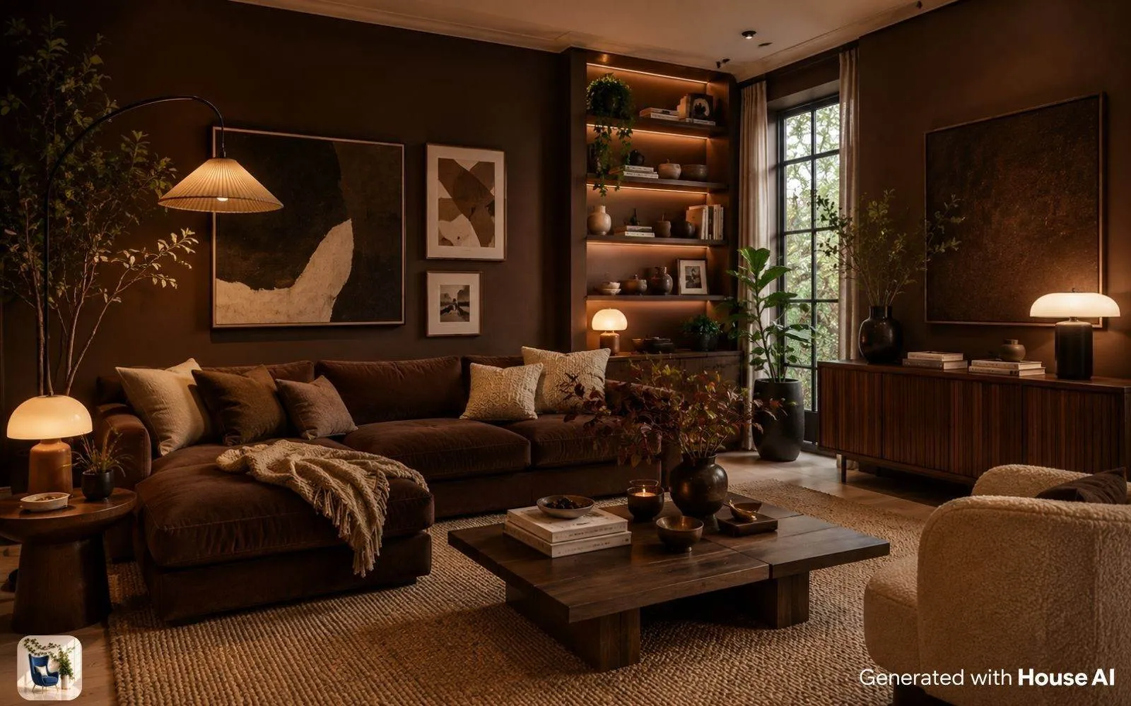 Living room in chocolate brown, the top color in the 2026 designer survey