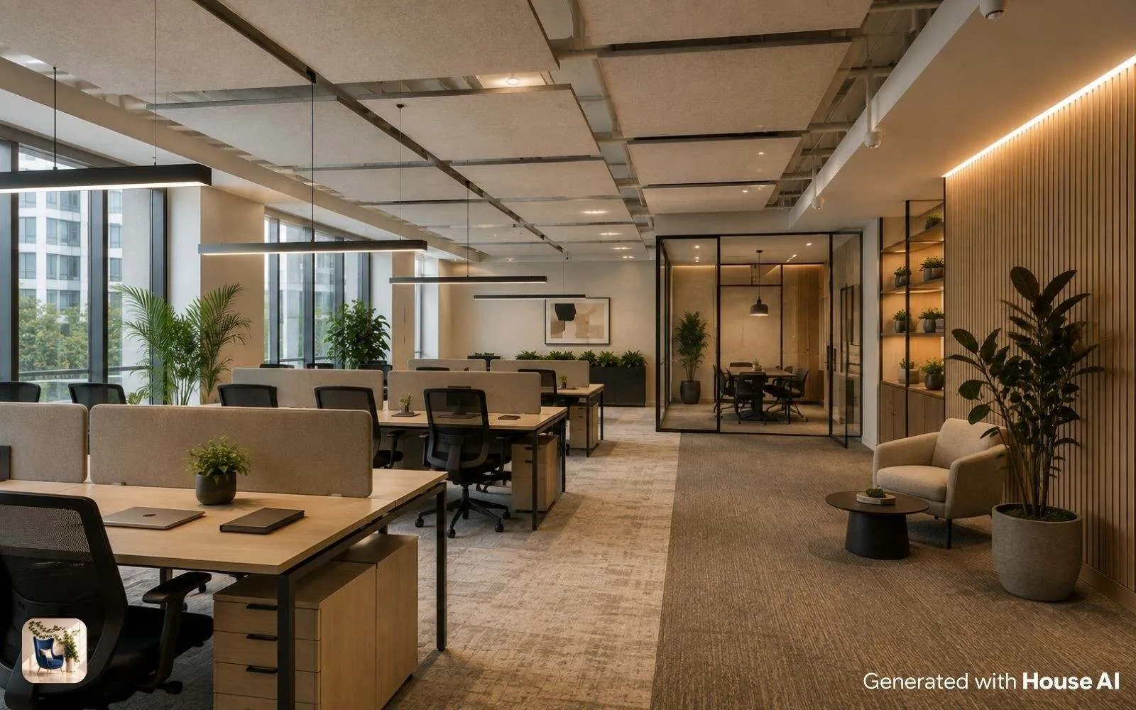 Open plan office interior with a warm neutral palette, acoustic panels, and task lighting