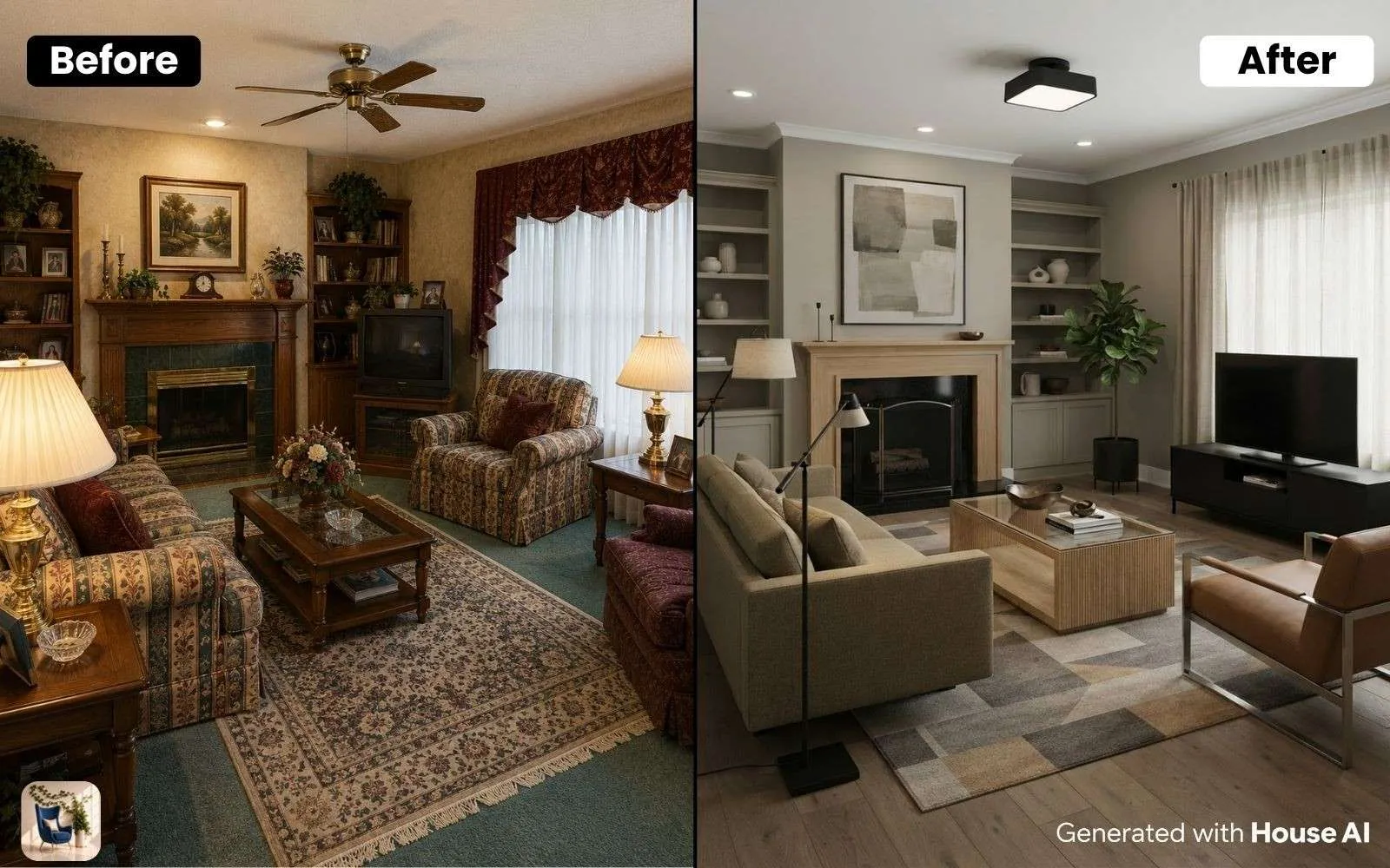 Dated 1990s living room on the left and the same room updated with warm traditional finishes on the right