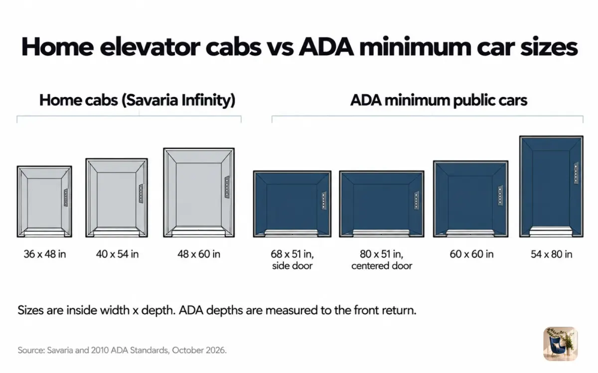 Scaled floor plan chart comparing home elevator cabs from 36 by 48 inches with ADA minimum car sizes