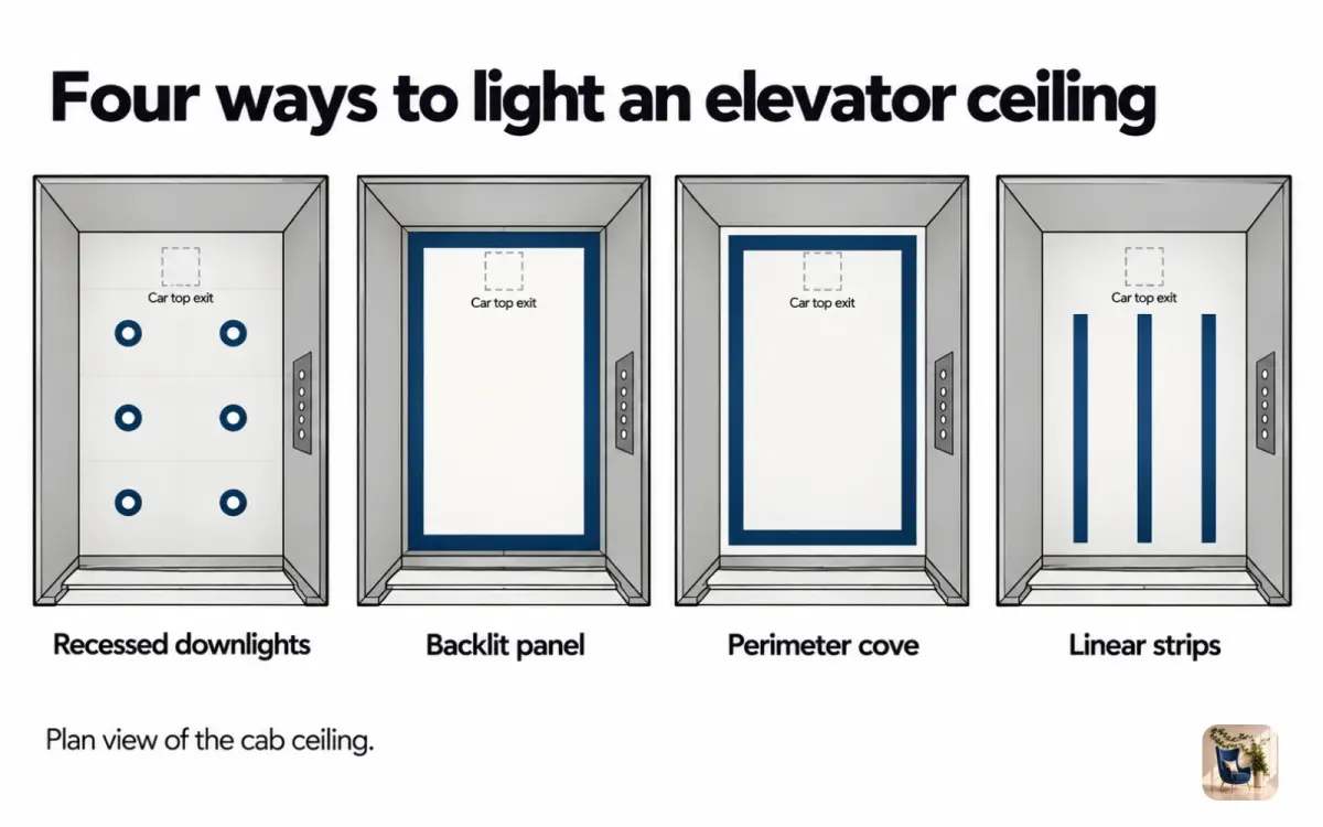 Diagram of four elevator ceiling lighting layouts: downlights, a backlit panel, perimeter cove, and linear strips