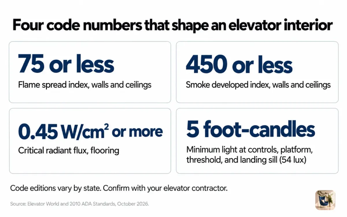 Chart of four elevator interior limits, including a flame spread index of 75 or less and 5 foot-candles of light