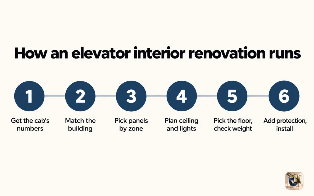 Diagram of a six-step elevator interior renovation, from checking the code to installing the new cab