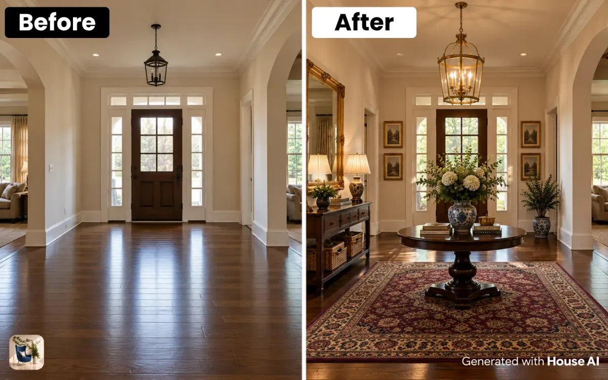 A foyer before and after a traditional restyle, with a round center table, a pendant light, and a large mirror