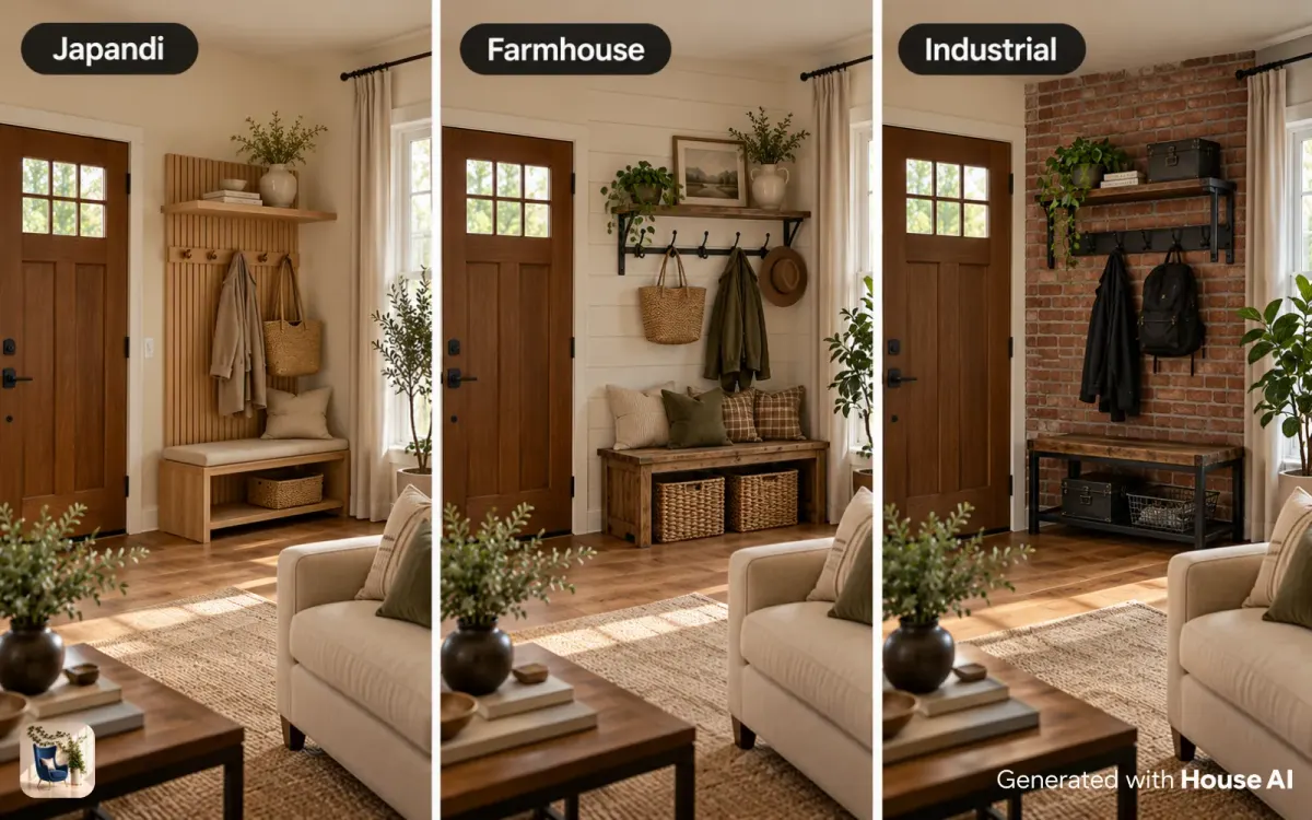 The same living room by the front door in Japandi, farmhouse, and industrial styles, each with storage beside the door
