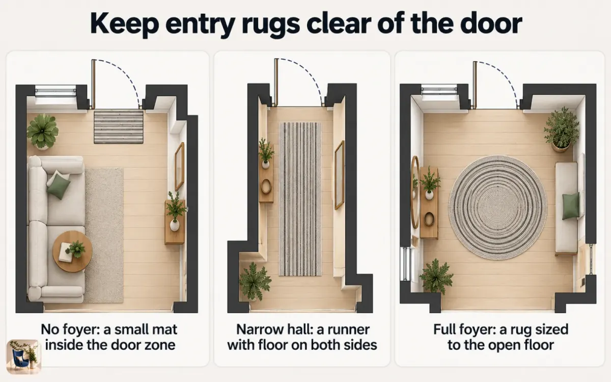 Diagram of entry rug placement, with each rug clear of the door swing arc and bare floor showing around its edges