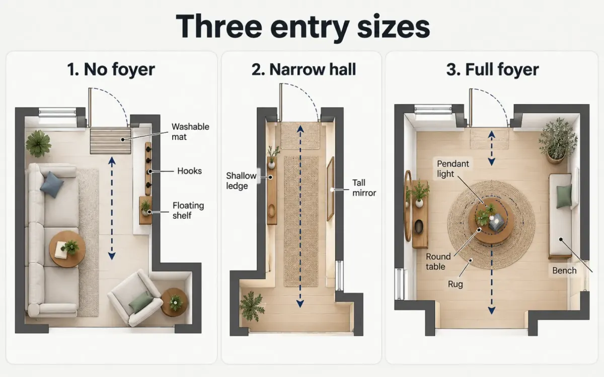 Top-down diagram of three entry layouts: a door opening into a room, a narrow hall, and a full foyer