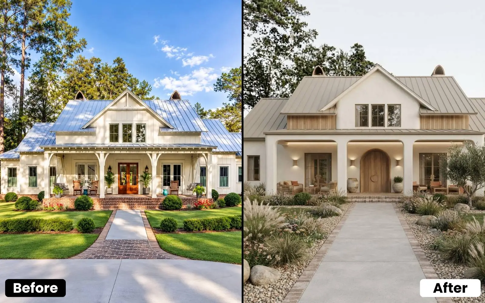 House AI exterior facade redesign before and after