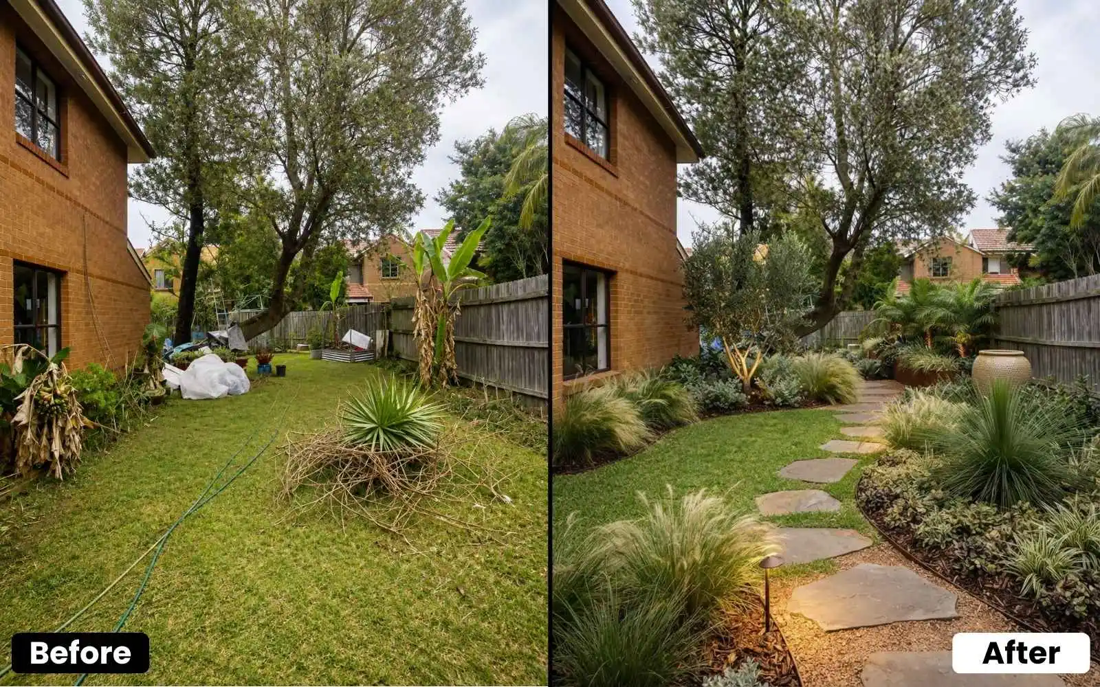 House AI backyard and garden design before and after
