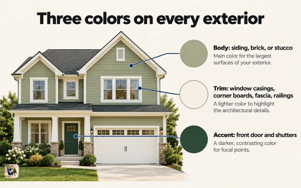 Diagram of a house front with labels marking the body color, the trim color, and the accent color on the door