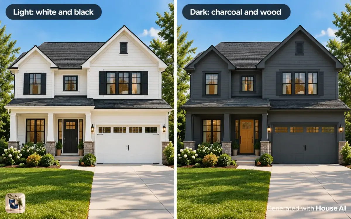The same house front painted warm white with black shutters and painted charcoal with a wood door, side by side