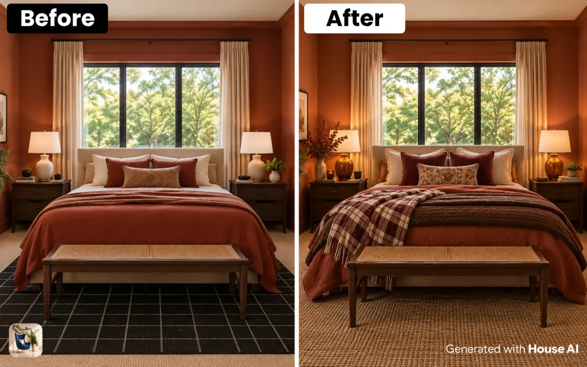 A bedroom before and after a fall restyle, with a rust duvet, a brown quilt at the foot, and dried eucalyptus