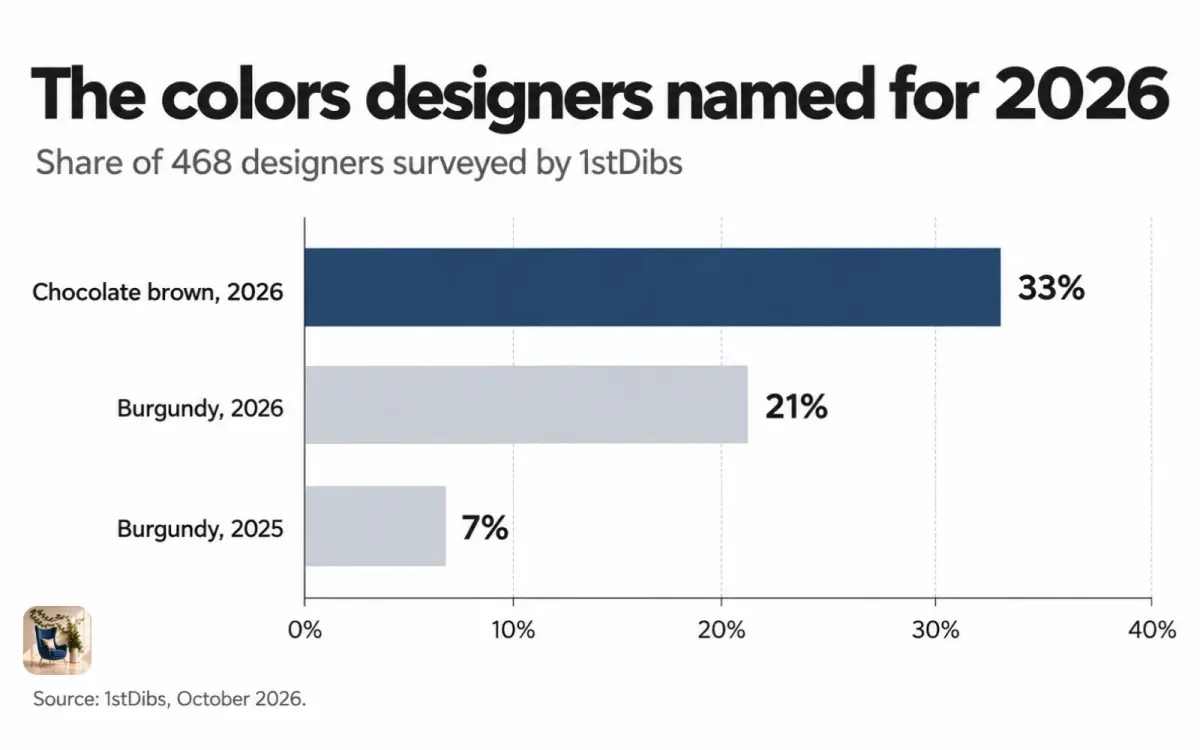 Bar chart of designer color picks, with chocolate brown at 33% for 2026 and burgundy rising from 7% to 21%