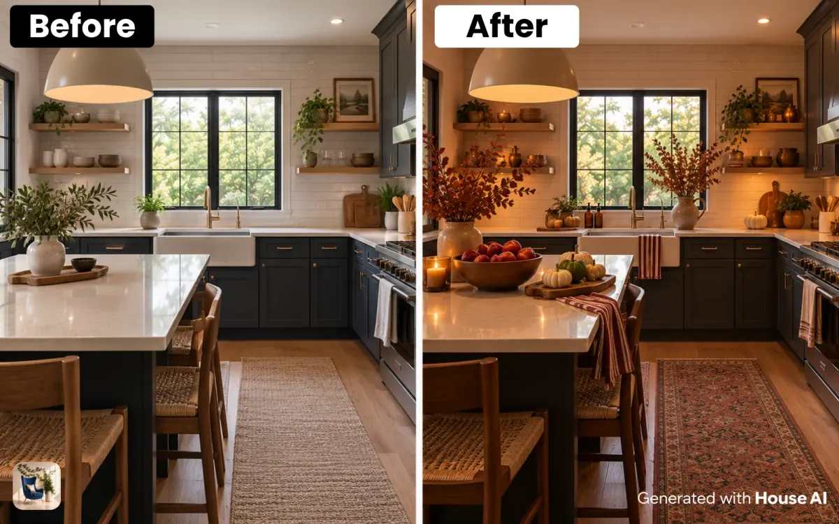 A kitchen before and after a fall restyle, with a bowl of apples, small pumpkins, and dried branches by the window