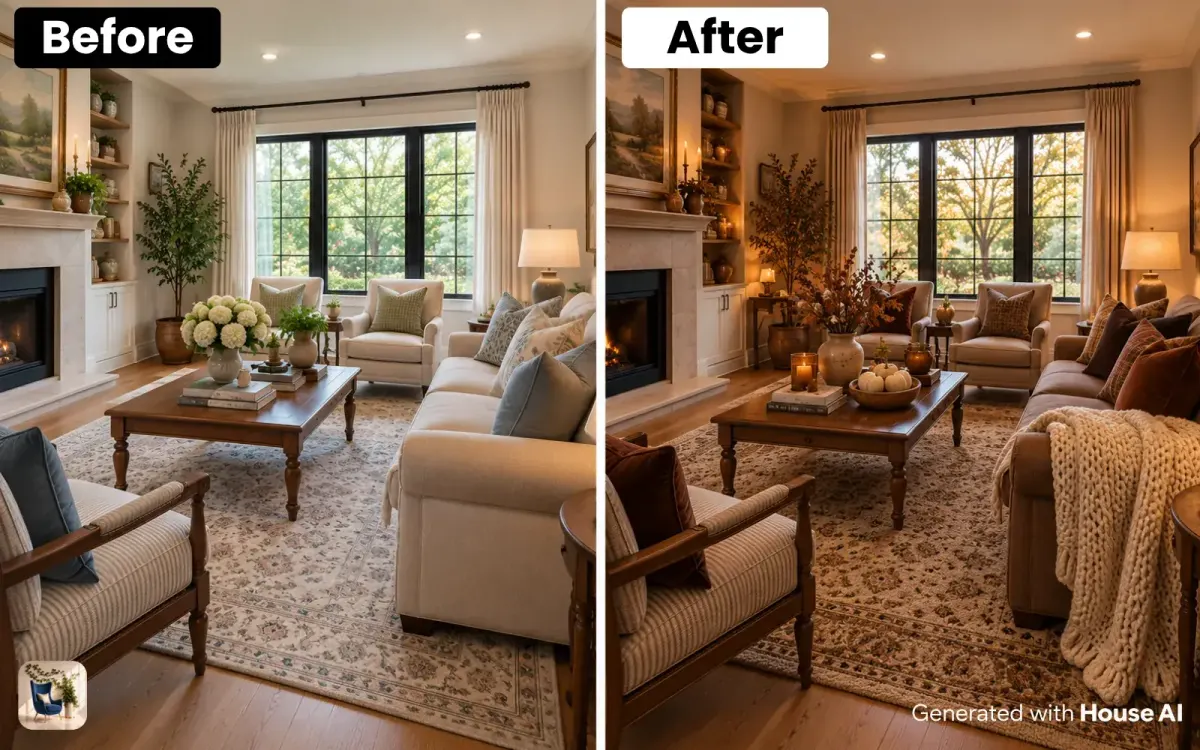 A living room before and after a fall restyle, with chocolate brown pillows, a knit throw, and small white pumpkins